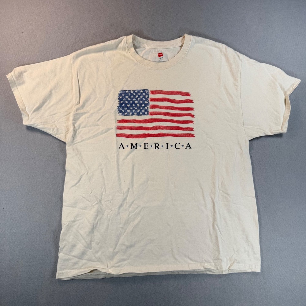 Vintage XL Cream American Flag Graphic T-Shirt Short Sleeve Cotton Off-White